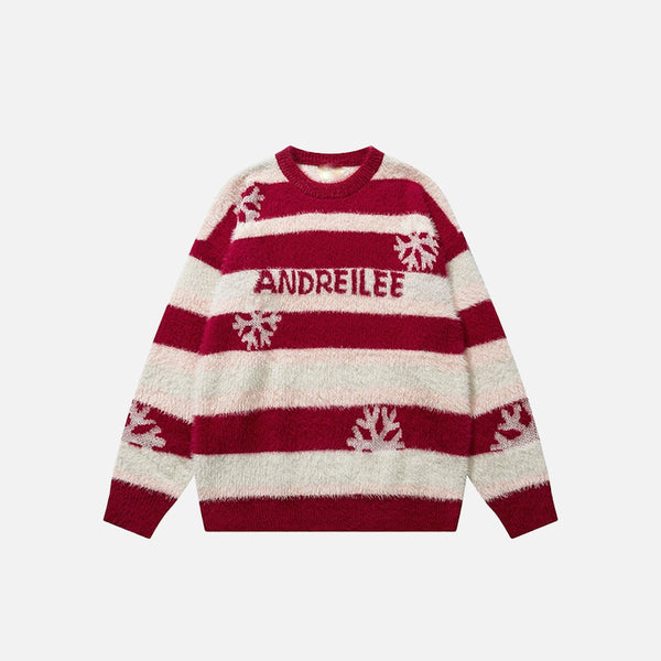 Front view of the red Christmas Snowflake Stripes Knitted Sweater in a gray background 