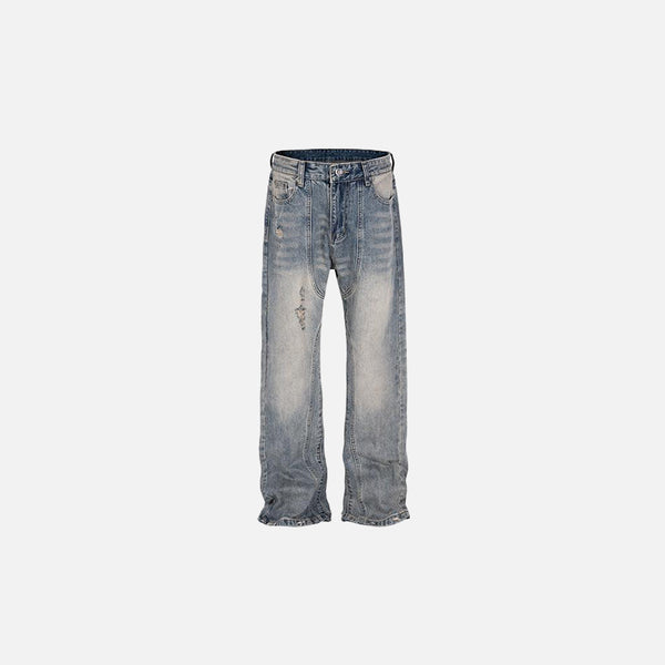 Front view of the blue Distressed Vintage Denim Jeans in a gray background