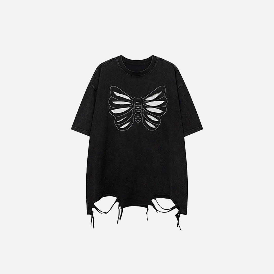 Front view of the black Y2k Loose Butterfly Ripped T-shirt in a gray background 