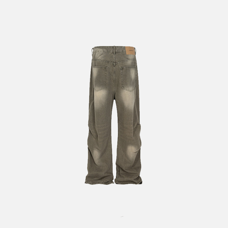 Back view of the light green Loose Washed Pleated Jeans in a gray background