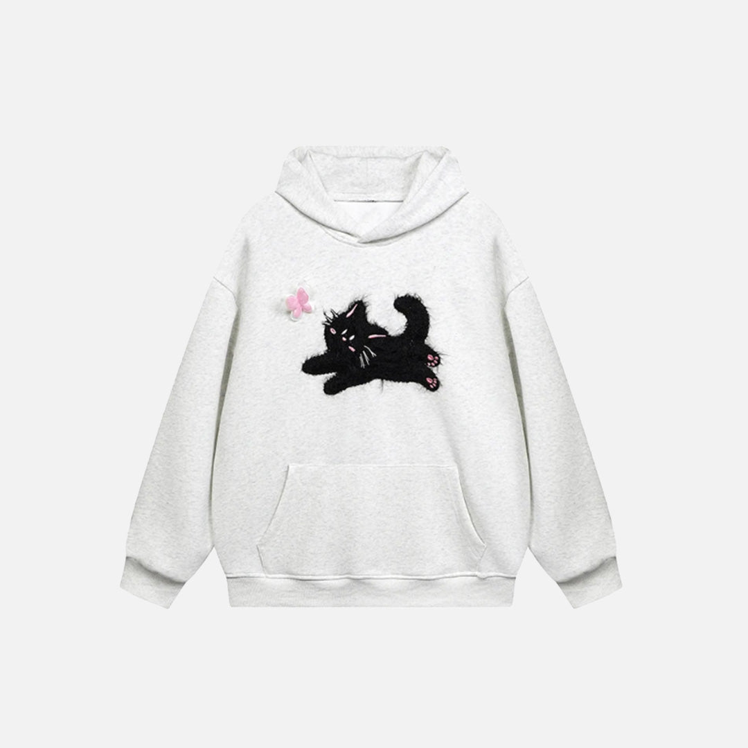 Front view of the gray Cat And Butterfly Hoodie in a gray background