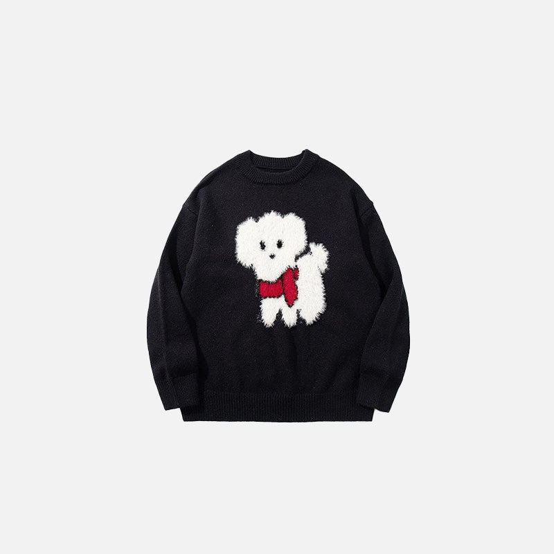 Front vew of the black Snowman Graphic Knit Sweater in a gray background