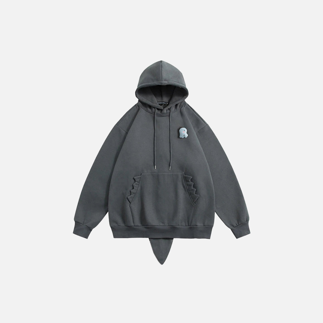 Front view of the gray Y2K Dino Adventure Hoodie in a gray background