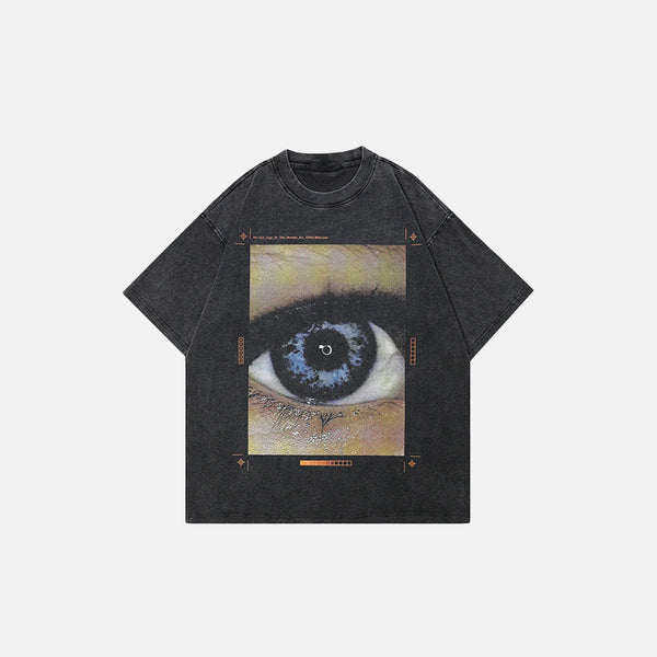 Front view of the black Vintage Washed Graphic Eye T-shirt in a gray background