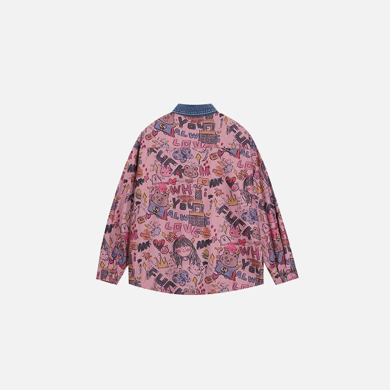 Back view of the pink Animated Graffiti Patterned Shirt in a gray background