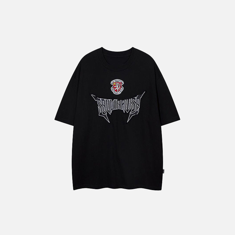 Front view of the black Embroidery Letter Print T-shirt in a gray background 