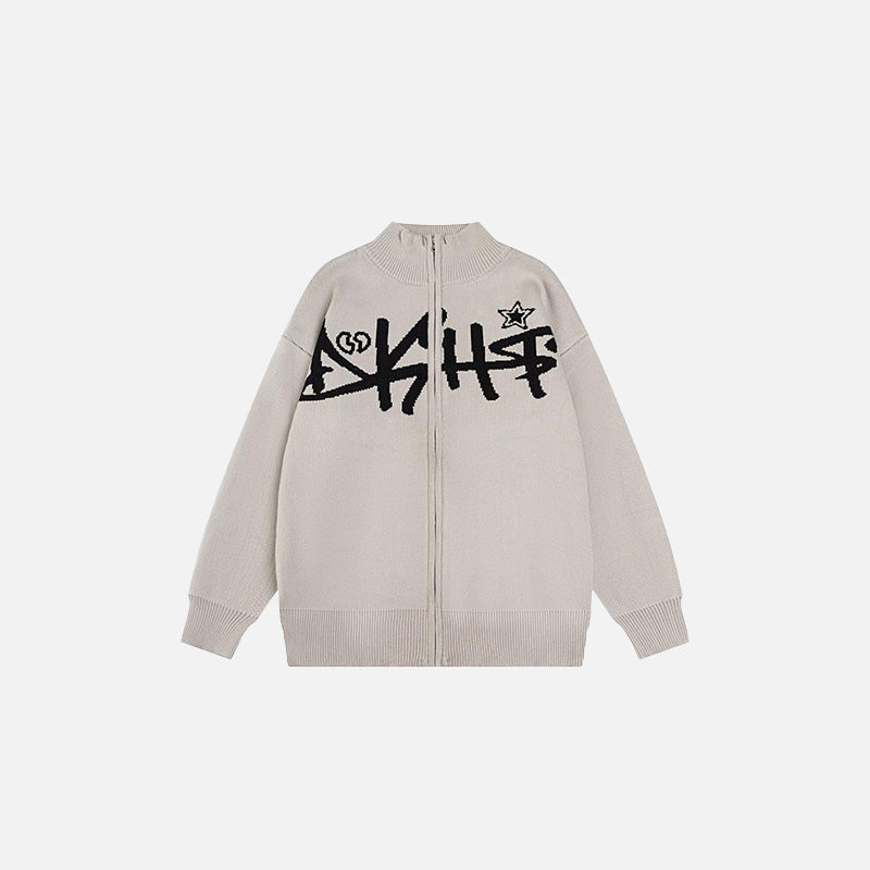 Front view of the grey DSHFT Graffiti Zip-Up Sweater in a gray background