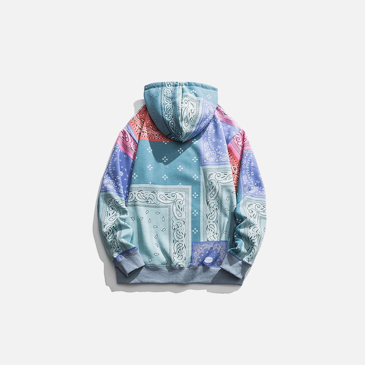 Back view of the blue Bandana Printed Oversized Hoodie in a gray background