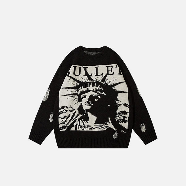 Front view of the black Statue Of Liberty Ripped Loose Sweater in a gray background