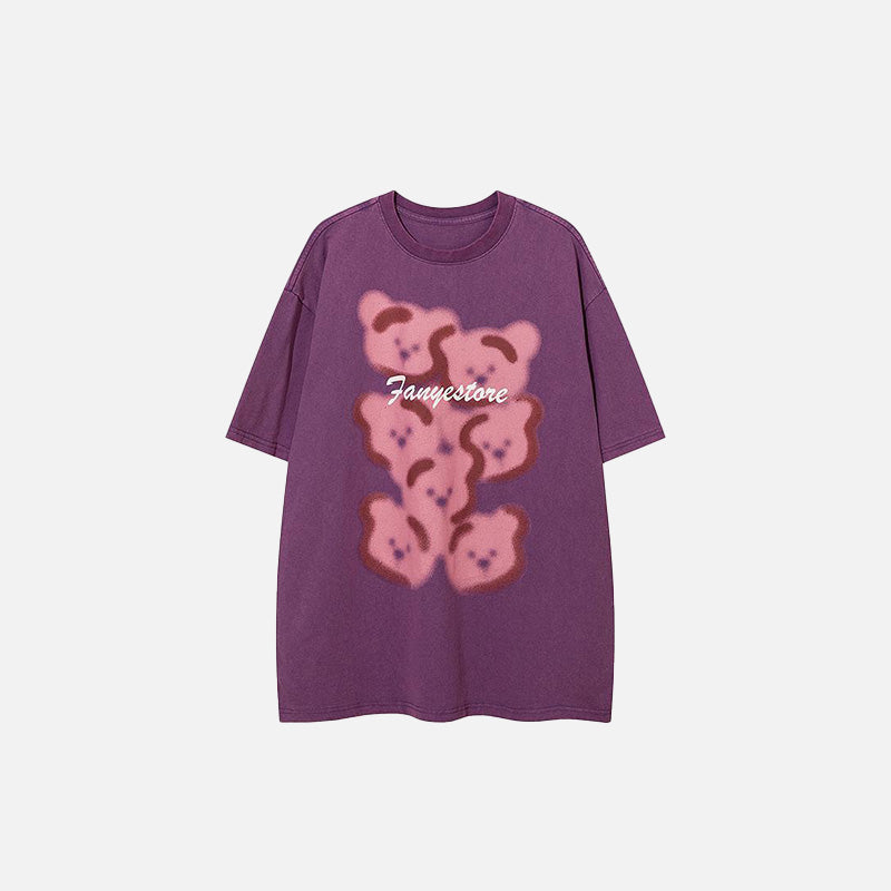 Front view of the purple Loose Bear Graphic Printed T-Shirt in a gray background 