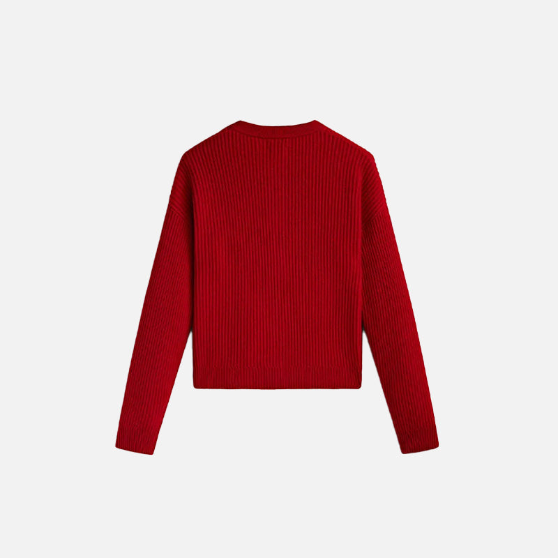 Back view of the Women's Red Knitted Sweater in a gray background 