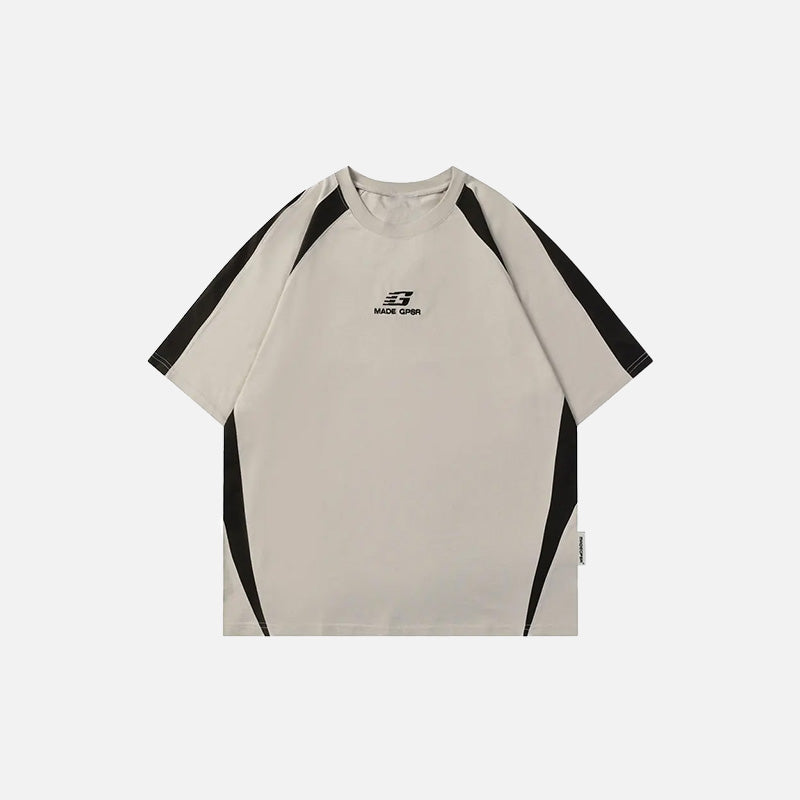 Front view of the beige Y2K Embroidery Patchwork Sports T-shirt in a gray background