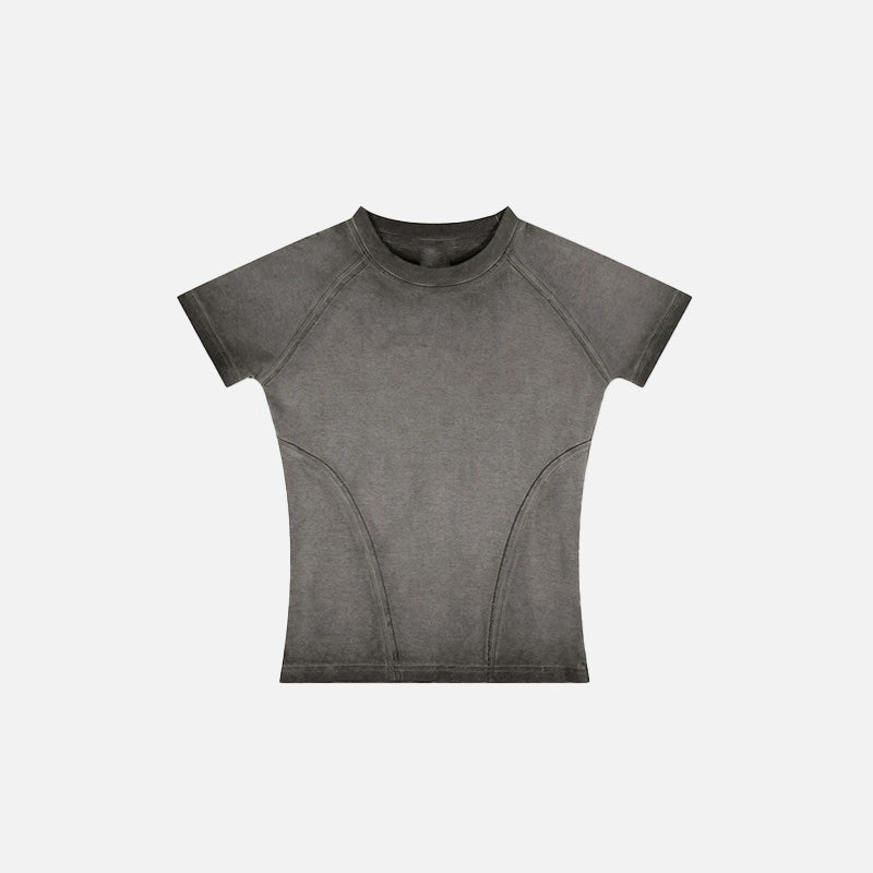 Front view of the dark grey Women's Retro Elastic T-Shirt in a gray background