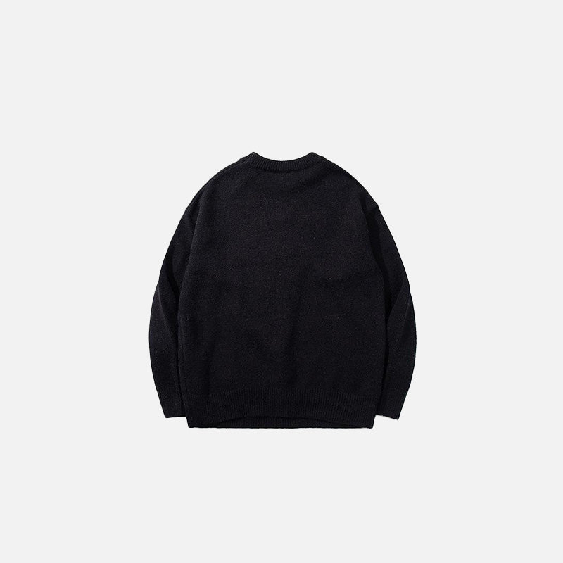 Back vew of the black Snowman Graphic Knit Sweater in a gray background