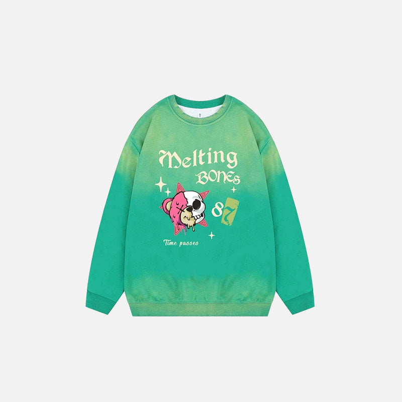 Front view of the green Mystic Melting Bones Sweatshirt in a gray background