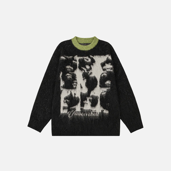 Front view of the black Y2K Abstract Faces Sweater in a gray background