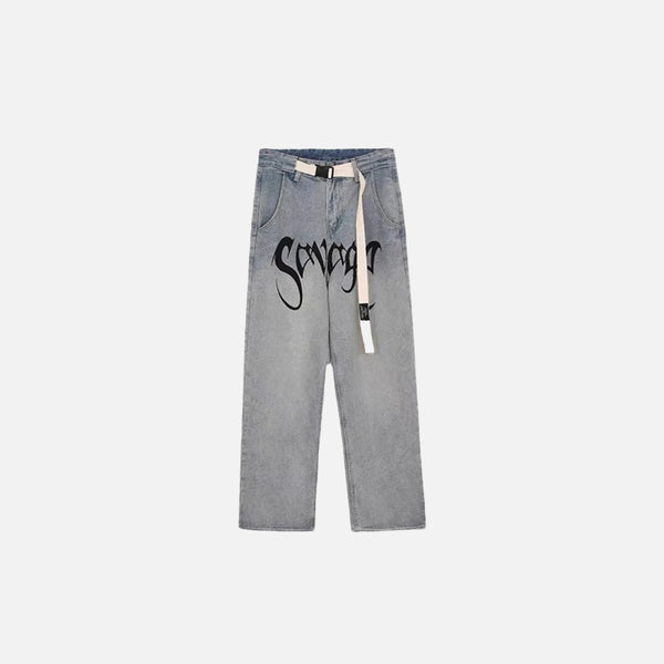 Front view of the blue Vintage Loose baggy Jeans in a gray background