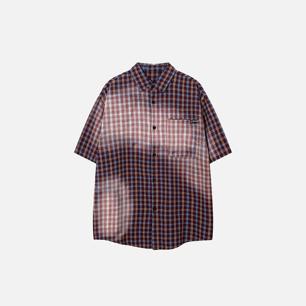 Front view of the red Plaid Polo Loose Shirt in a gray background