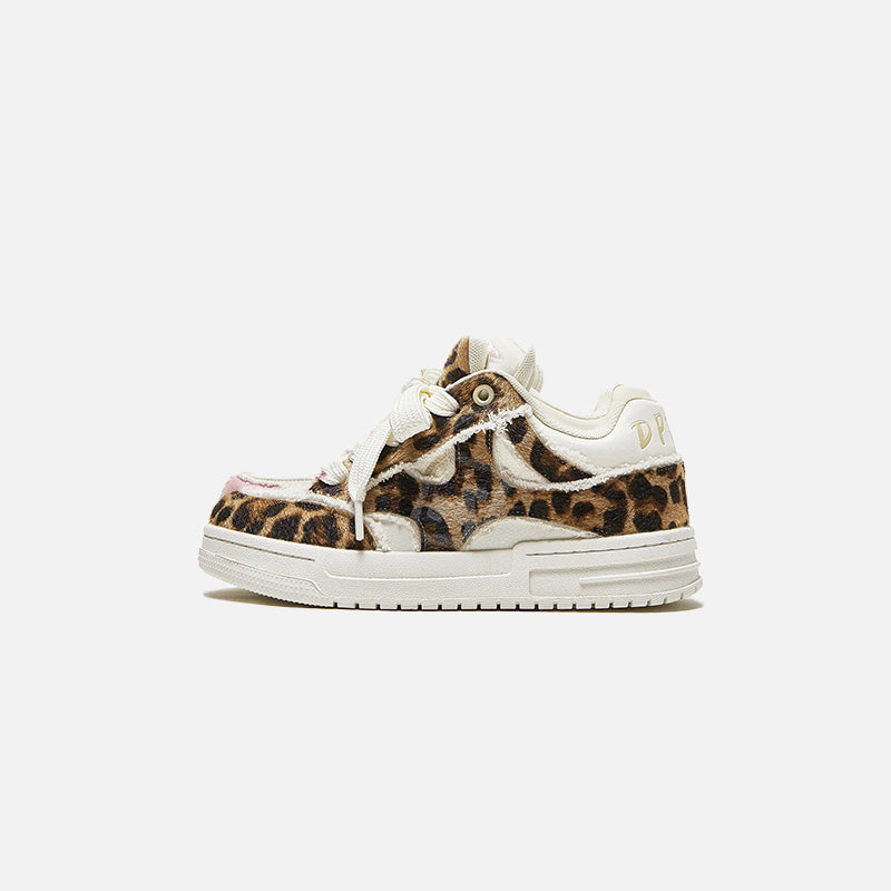 Side view of the leopard print Turtle Power Sneakers in a gray background