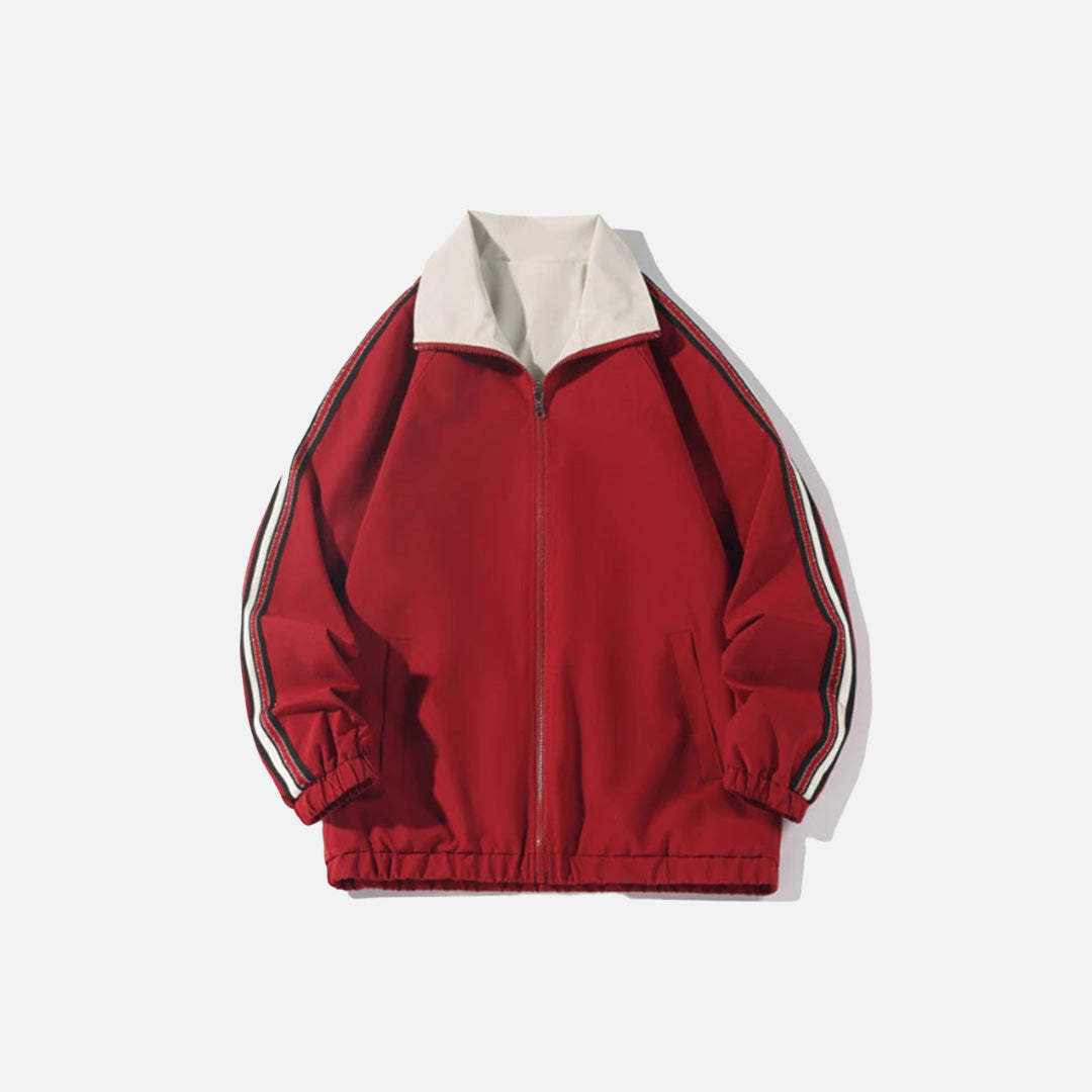 Front view of the red Classic Reversible Zip-Up Jacket in a gray background