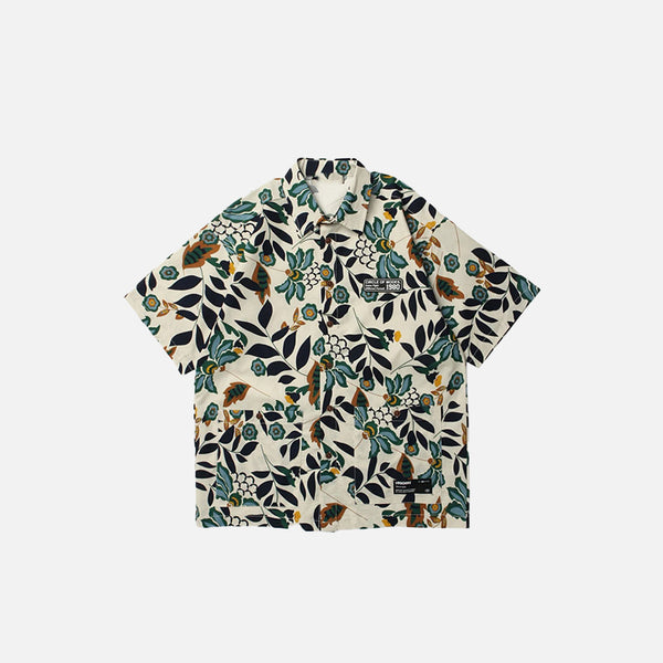 Front view of the blue Y2k Floral Aloha Shirt in a gray background