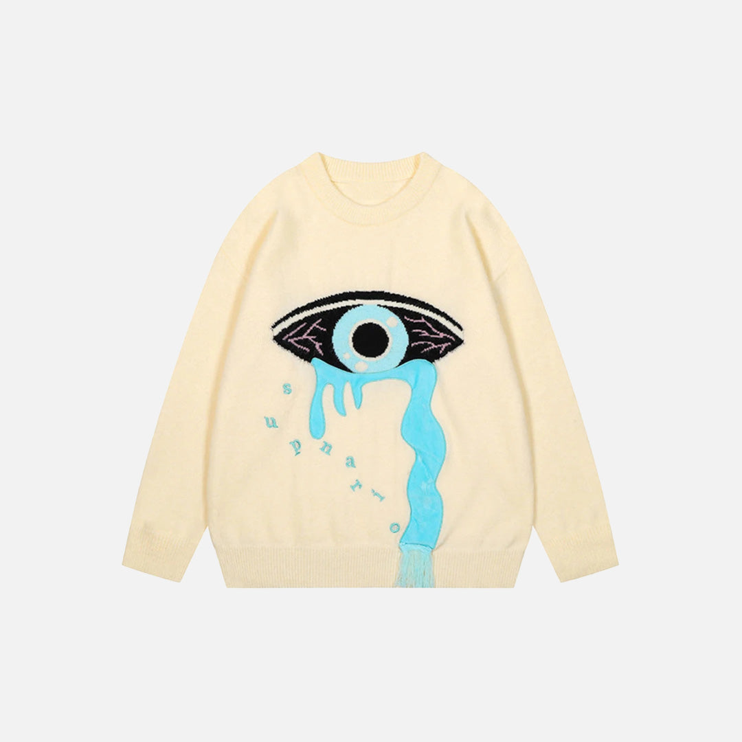 Front view of the beige Tears Of Vision Sweater in a gray background