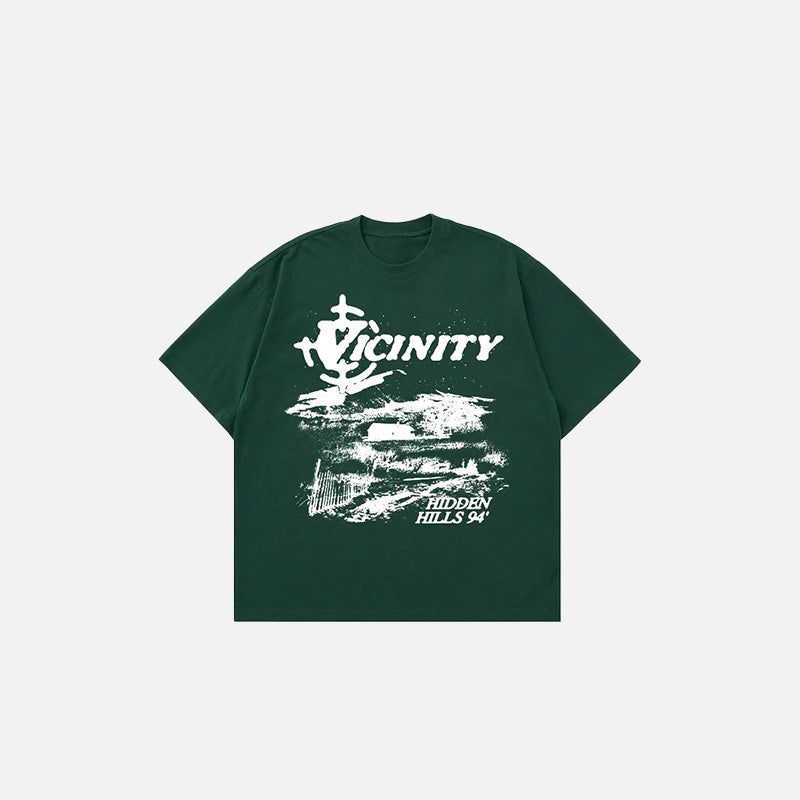 Front view of the green Vicinity Hidden Hills 94 T-shirt in a gray background