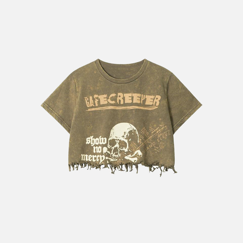 Front view of the brown green Skull Loose Women's Cropped Top in a gray background