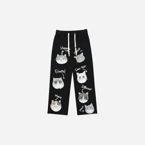 Front view of the black Y2k Baggy Cat Printed Pants in a gray background