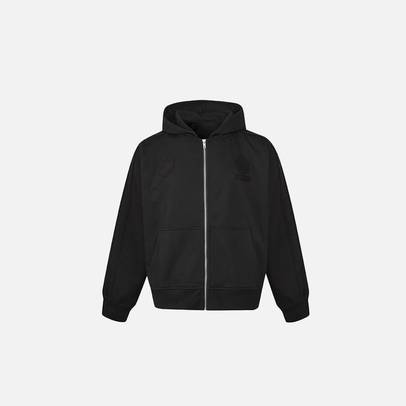 Front view of the black Classic Zip-Up Hoodie in a gray background