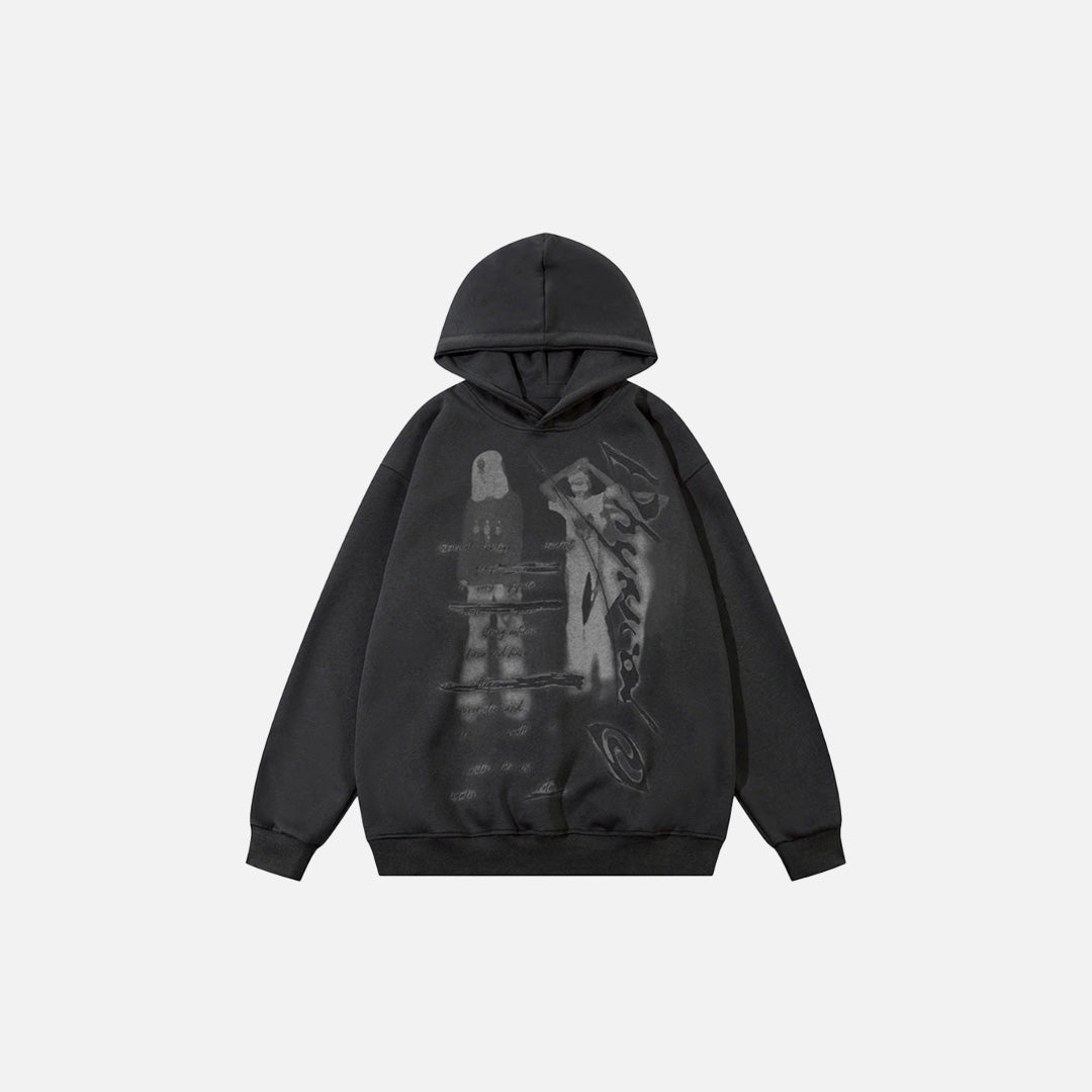 Front view of the grey Y2K Mystic Shadows Hoodie in a gray background