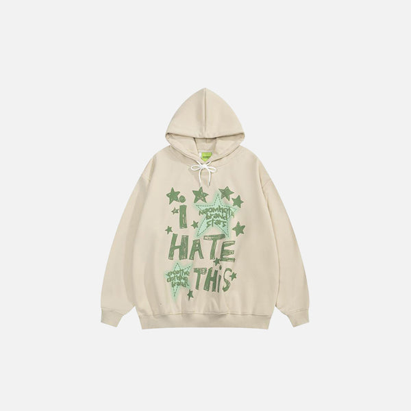 Front view of the apricot "I Hate This" Letter Print Hoodie in a gray background