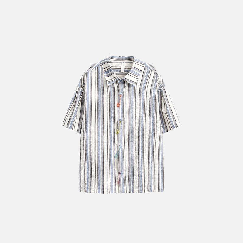 Front view of the blue Striped Short-Sleeve Women's Shirt in a gray background