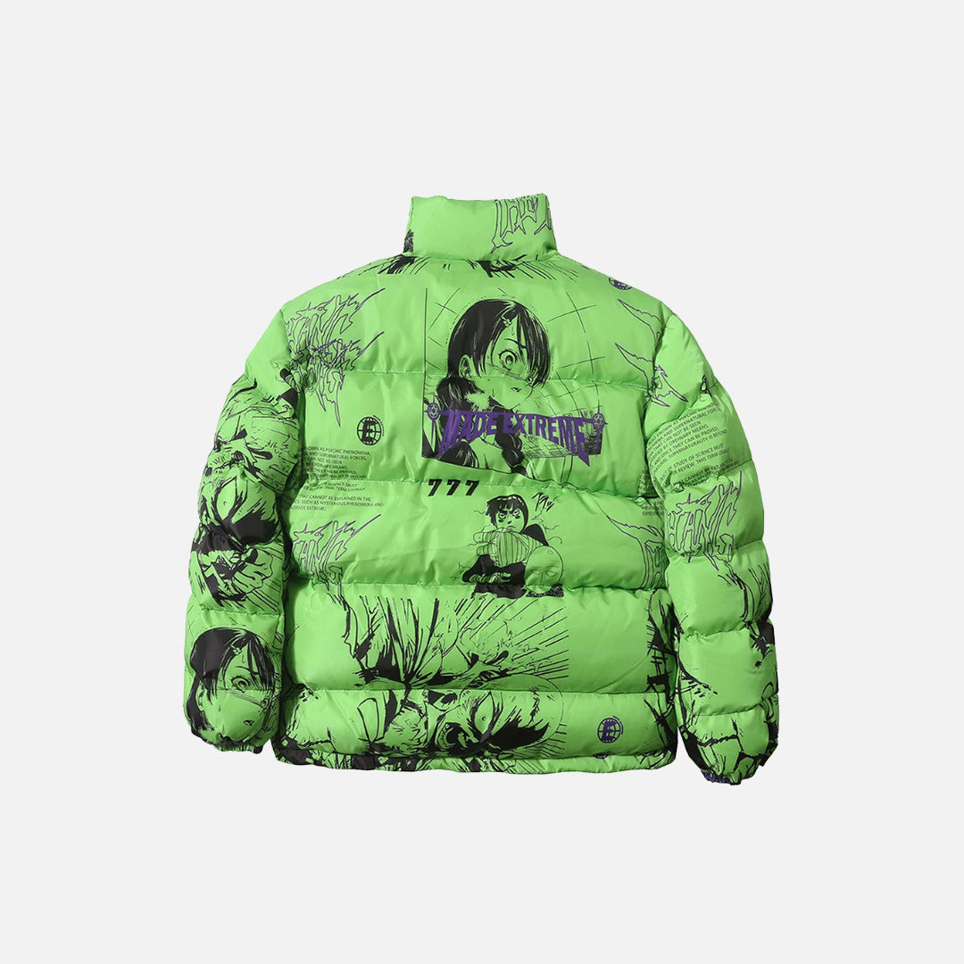 Back view of the green Chaos Graphic Puffer Jacket in a gray background