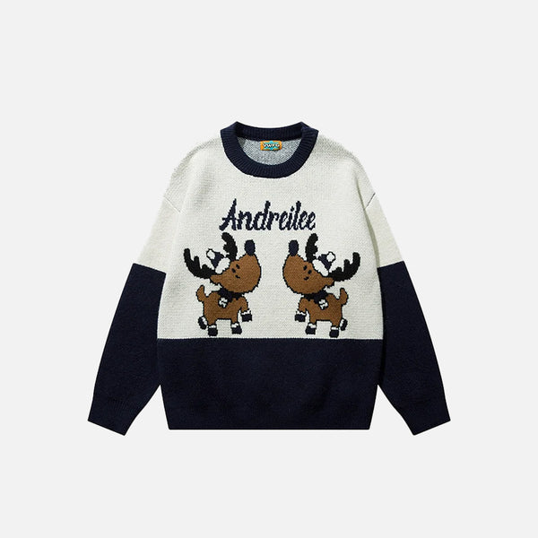 Front view of the Navy blue Christmas Reindeer Sweater in a gray background