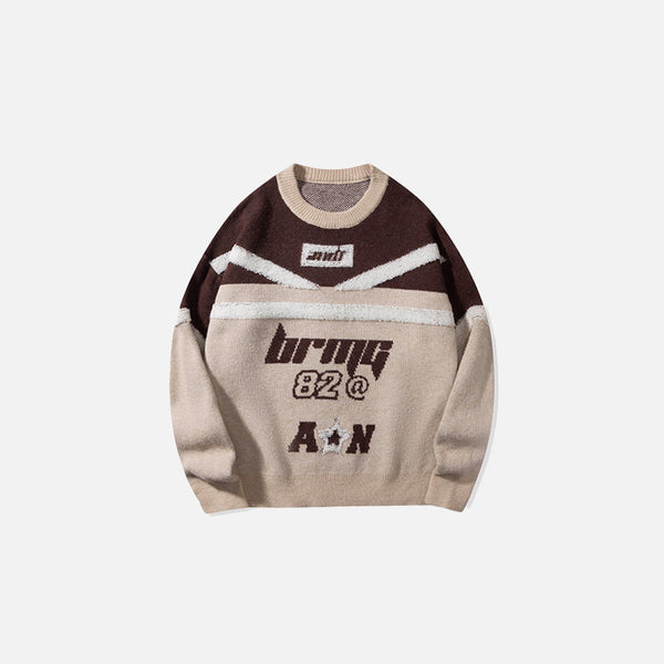 Front view of the coffee Retro Varsity Graphic Sweater in a gray background