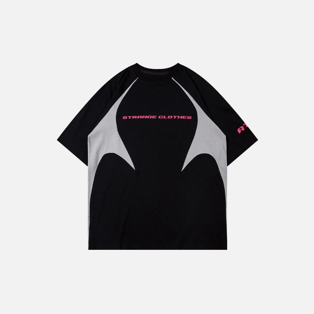 Front view of the black Abstract Flow Raglan T-shirt in a gray background