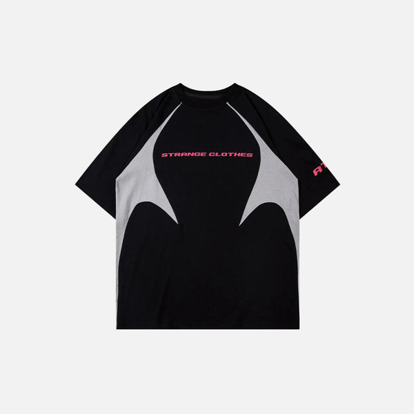 Front view of the black Abstract Flow Raglan T-shirt in a gray background