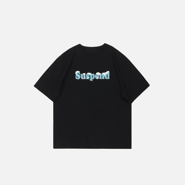 Front view of the black "Suspend" Cold Letter Print T-Shirt in a gray background 