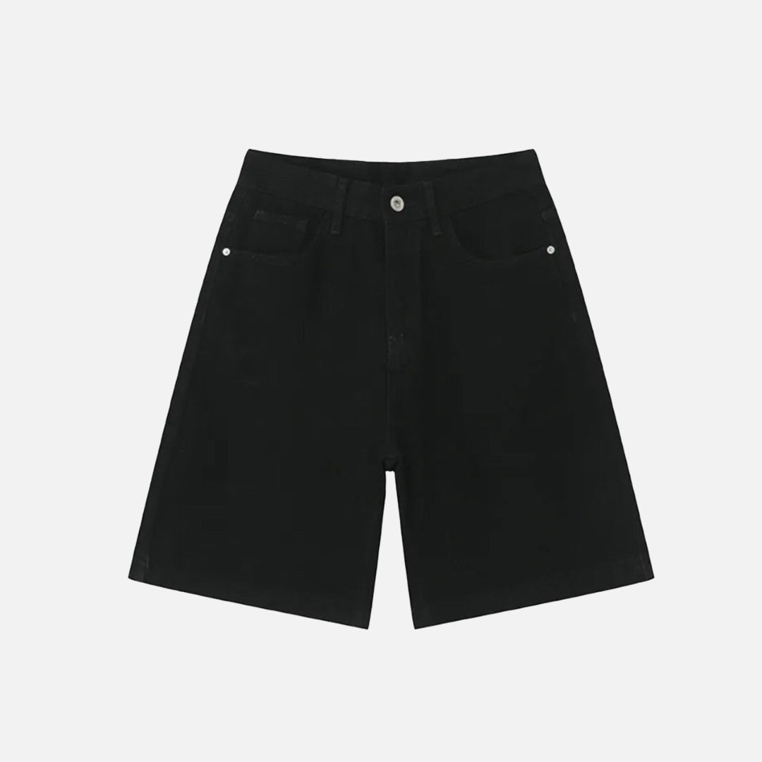 Front view of the black Retro Chic Denim Shorts in a gray background