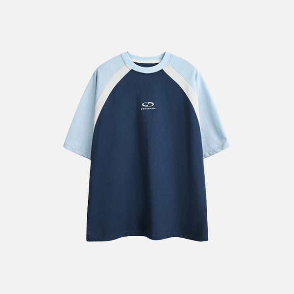 Front view of the blue Classic Raglan T-shirt in a gray background