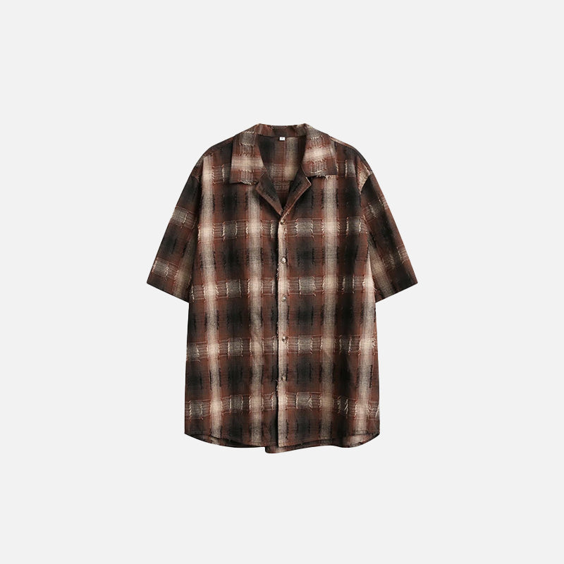 Front view of the coffee Women's Plaid Short-Sleeve Shirt in a gray background