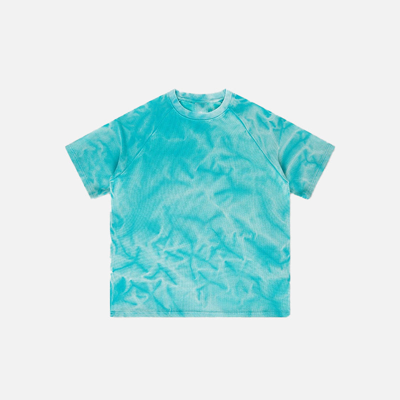 Front view of the sky blue Loose Water Ripple Washed T-Shirt in a gray background 