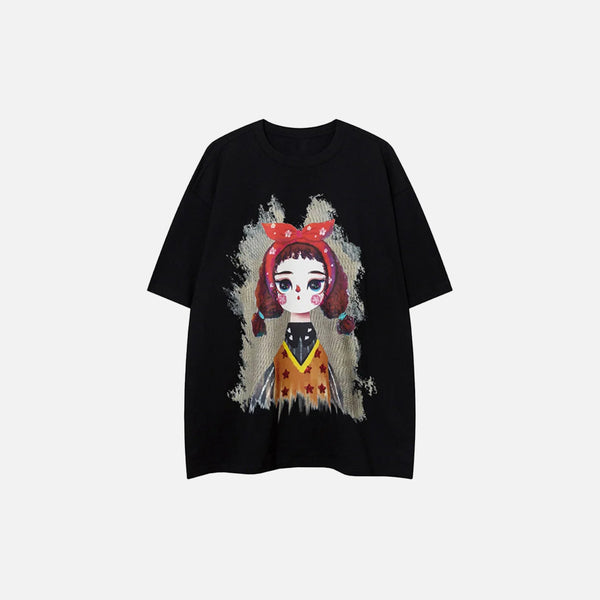 Front view of the black Y2K Whimsical Doll T-shirt in a gray background