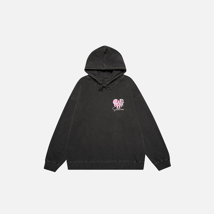 Front view of the ink black Loose Peach Heart Washed Hoodie in a gray background 
