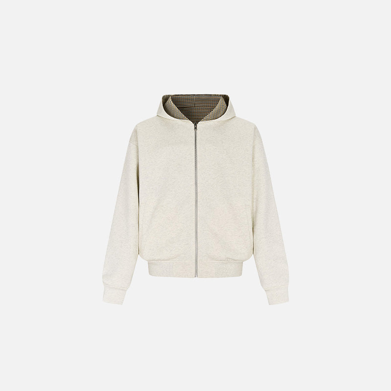 Front view of the beige Zen Horizon Zip-Up Jacket in a gray background