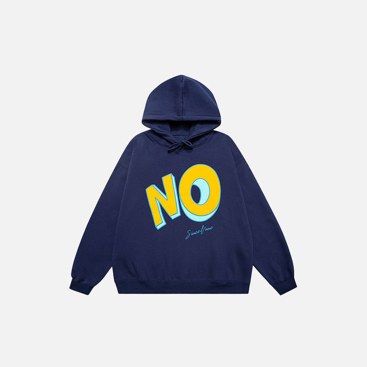 Front view of the navy blue "No" Letter Print Loose Hoodie in a gray background 