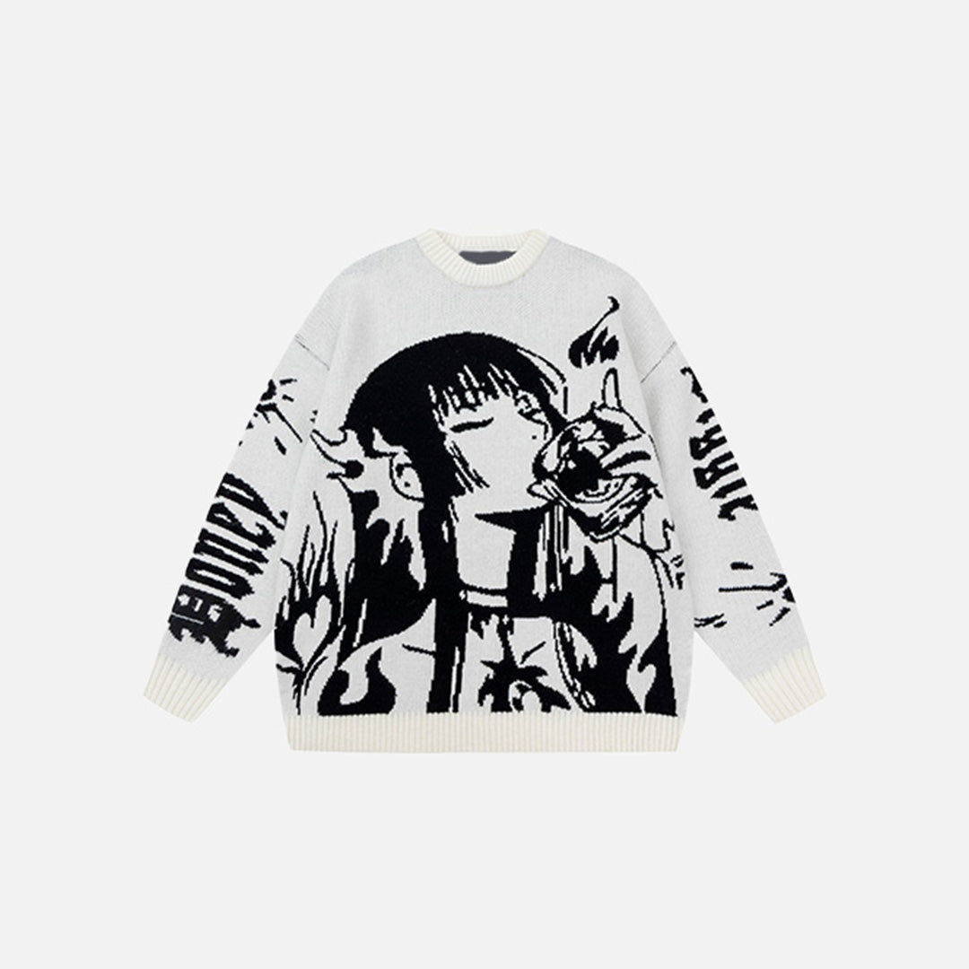 Front view of the white Manga Flame 01 Sweater in a gray background