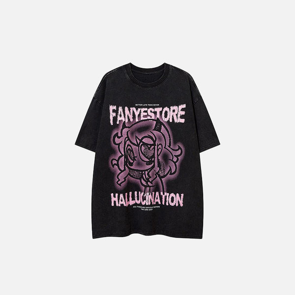 Front view of the black Hallucination Anime Girl T-shirt in a gray background 