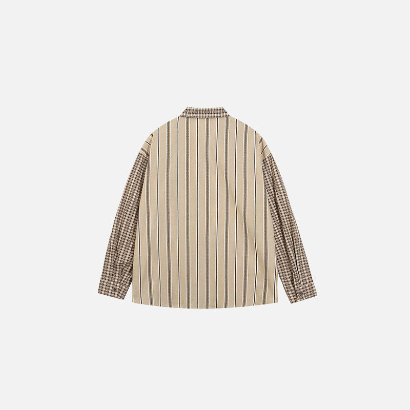 Back view of the beige Striped Graphic Button-Up Shirt in a gray background